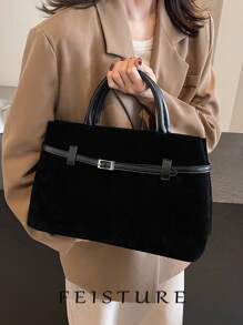 1 Pc FEISTURE Retro Suede Leather Buckle Shoulder Handbag Tote Bag, Solid Color, Suitable For Girls, Ladies, College Students, Office Workers, Great For Work, Business, Commute, School