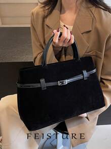 1 Pc FEISTURE Retro Suede Leather Buckle Shoulder Handbag Tote Bag, Solid Color, Suitable For Girls, Ladies, College Students, Office Workers, Great For Work, Business, Commute, School