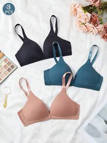 3pcs V-Neck Soft Cup Wireless Solid Color Bras For Women - Multicolor - View 3
