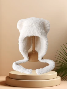 1 件毛绒可爱熊针织连帽衫，适合年轻女性，休闲卡通熊街头风格护耳冬帽，适合户外活动和派对