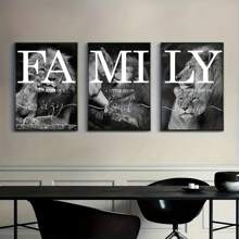 3pcs Unframed Three Elegant Lions Family Quotes: Stylish And Inspiring Black And White Canvas Art For Home And Gift Decoration Thanksgiving Decorations Modern Interior Home Decor, Living Room, Bedroom, Kitchen And Hallway Decorative Wall Art, Perfect Gift Idea For New Year, Dining Room Decorative Wall Art