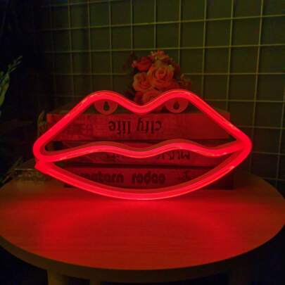 1pc LED Red Lips Neon Sign Wall Light, Romantic Fairy Lamp For Valentines Party Decoration, Battery Or USB Operated Bedroom Home Decor