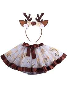 圣诞仙女服装 - 手工制作的蓬巴杜连衣裙，配有驯鹿角头带和雪花装饰 - 涤纶编织休闲仙女服装，适合节日庆祝舞会