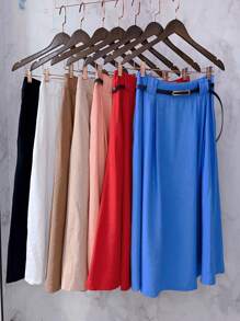 Midi Skirt With Belt And Pocket - Blue - View 2