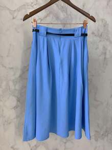 Midi Skirt With Belt And Pocket - Blue - View 5