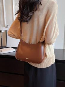 新款时尚百搭纯色PU防水材质字母装饰设计单肩马鞍包，优雅女士钱包，拉链封口单肩包，商务通勤包，适合购物、外出、度假和送礼 - 咖啡棕 - 查看 5