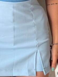 TAILORED SHORT SKIRT WITH SLIT SUMMER FASHION - Baby Blue - View 2