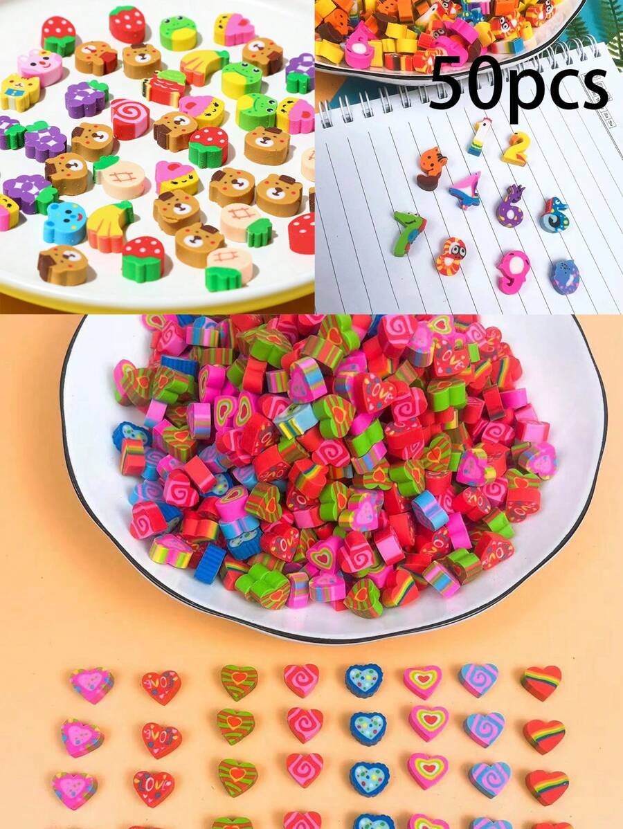 50 件装可爱卡通橡皮擦学生创意文具水果橡皮擦创意艺术动物橡皮擦多种款式。款式和图案随机 - 彩色 - 查看 1