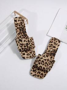 女士豹纹平底休闲凉鞋，一脚蹬露趾设计，适合海滩、户外、居家 - 彩色 - 查看 5