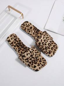 女士豹纹平底休闲凉鞋，一脚蹬露趾设计，适合海滩、户外、居家 - 彩色 - 查看 6