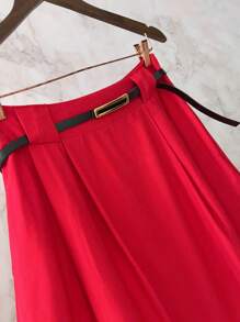 Midi Skirt With Belt And Pocket - Red - View 4