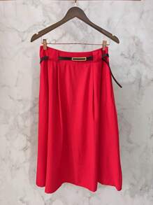 Midi Skirt With Belt And Pocket - Red - View 2