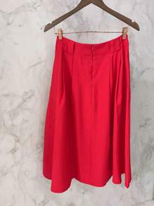 Midi Skirt With Belt And Pocket - Red - View 7