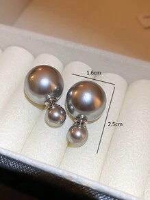 1 Pair Of Silver-Toned Two-Sided Pearl Stud Earrings, Unique And Sophisticated - Grey - View 3