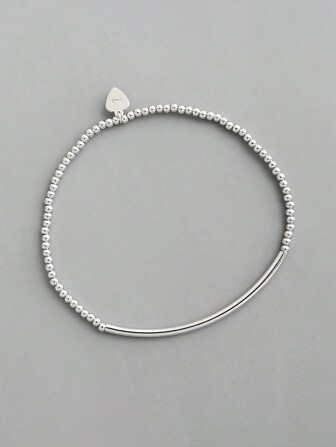 1pc Elegant S925 Sterling Silver Beaded & Tube Elastic Bracelet, Minimalist Design, Versatile Accessory Gift