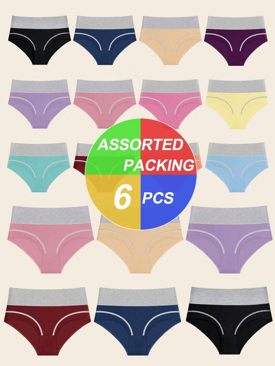 MIOTAN Bộ 6 chiếc quần lót màu tương phản thoải mái cạp cao giao hàng ngẫu nhiên cho nữ, đồ lót hàng ngày - Nhiều màu - Xem 1