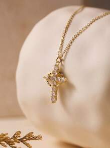 1pc Minimalistische vergulde microgeplaveide kubieke zirkonia ketting Christelijke ketting - Kruis kroon ketting - Christelijke sieraden - Christelijk cadeau - Christelijke kleding - Ketting - Kruis ketting, sierlijke ketting cadeau voor haar