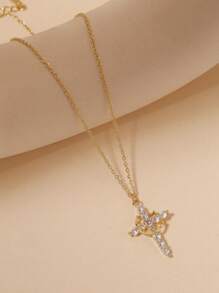 1pc Minimalistische vergulde microgeplaveide kubieke zirkonia ketting Christelijke ketting - Kruis kroon ketting - Christelijke sieraden - Christelijk cadeau - Christelijke kleding - Ketting - Kruis ketting, sierlijke ketting cadeau voor haar