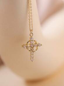 1pc Minimalistische vergulde microgeplaveide kubieke zirkonia ketting Christelijke ketting - Kruis kroon ketting - Christelijke sieraden - Christelijk cadeau - Christelijke kleding - Ketting - Kruis ketting, sierlijke ketting cadeau voor haar