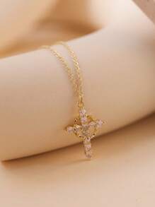 1pc Minimalistische vergulde microgeplaveide kubieke zirkonia ketting Christelijke ketting - Kruis kroon ketting - Christelijke sieraden - Christelijk cadeau - Christelijke kleding - Ketting - Kruis ketting, sierlijke ketting cadeau voor haar
