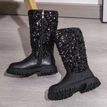 1 双女孩黑色亮面 PU 及膝靴，带侧拉链，圆头平底防滑保暖时尚可爱设计，适合 3-12 岁，派对，度假，日常户外，秋冬季 - 黑色 - 查看 12
