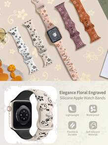 Bộ 2 dây đeo đồng hồ khắc hoa, tương thích với Apple Watch 41mm 40mm 44mm 45mm 42mm 46mm 38mm 49mm dành cho nữ, dây đeo thể thao bằng silicon mềm hình hoa tử đinh hương dễ thương, tương thích với Series SE 11 10 9 8 7 6 5 4 3 2 1 Ultra 3 2 - Trà Sữa Nâu/Hồng Tím - Xem 4