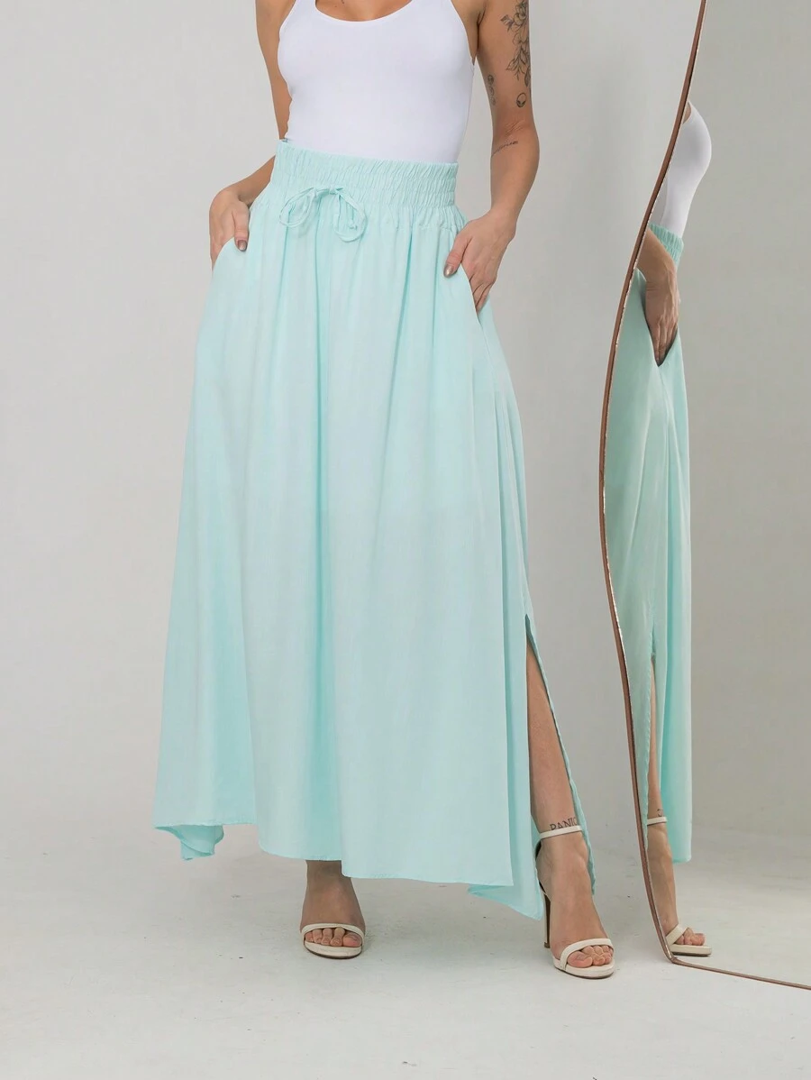 Lined Viscolinho Skirt With High Waist S735 - Màu xanh Bạc hà - Xem 1