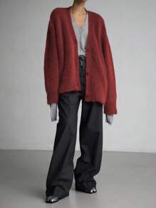 女士纯色落肩长袖单排扣休闲开衫，优雅仿毛皮毛衣，红色 - 棗紅色 - 查看 3