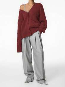 女士纯色落肩长袖单排扣休闲开衫，优雅仿毛皮毛衣，红色 - 棗紅色 - 查看 5