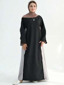1pc Frayed Linen Blend Abaya Modest Islamic Clothing Closed Abaya Dress Robe Kaftan - Black - View 4