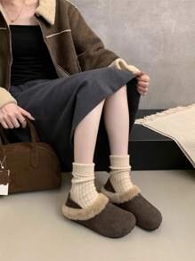 两双女款麂皮鞋，2024秋冬新品，复古毛毛拖鞋，女款平底一脚蹬休闲拖鞋 - 咖啡棕 - 查看 3