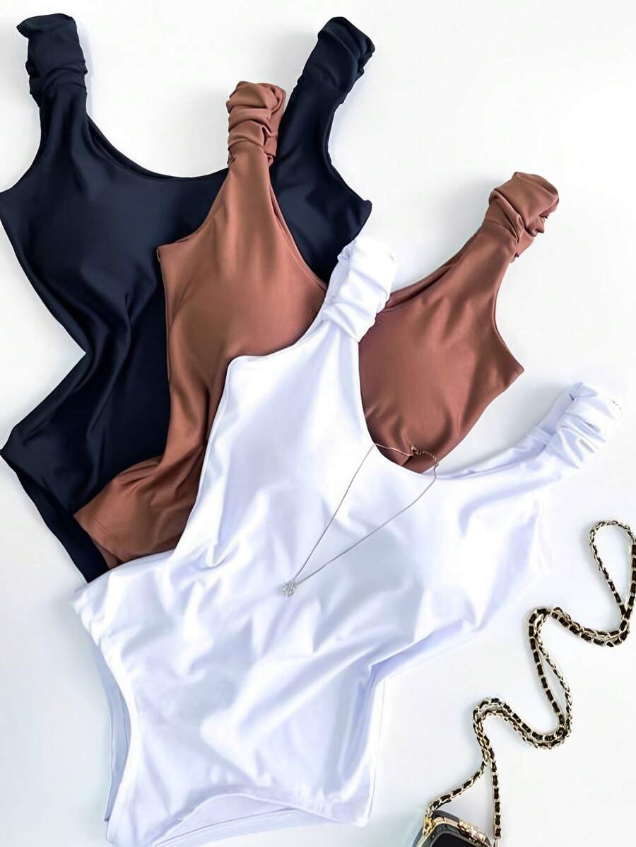 Kit 3 Basic Bodysuit With Thick Straps With Elastic With Discreet Neckline Shaper Fashion Casual Versatile Casual Foreign Blogger - 黑棕白 - 查看 1