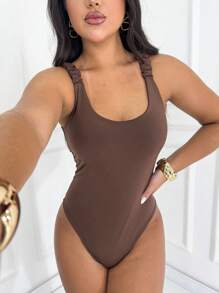 Kit 3 Basic Bodysuit With Thick Straps With Elastic With Discreet Neckline Shaper Fashion Casual Versatile Casual Foreign Blogger - 黑棕白 - 查看 3