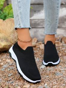 Tênis casuais femininos de cor sólida, calçados esportivos leves e de sola macia, calçados fitness respiráveis de cano baixo - Preto - Ver 3