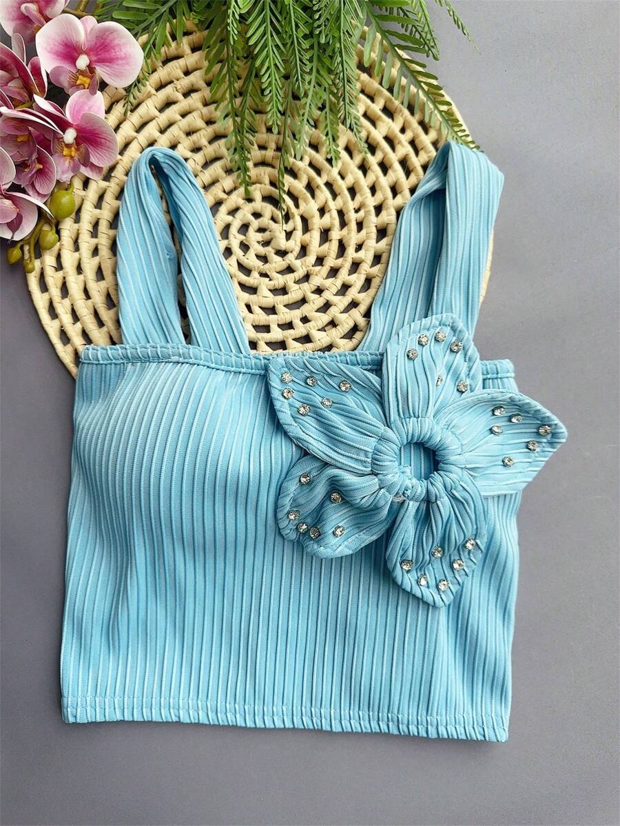 3D Ribbed Crop Top With Padding - Baby Blue - View 1