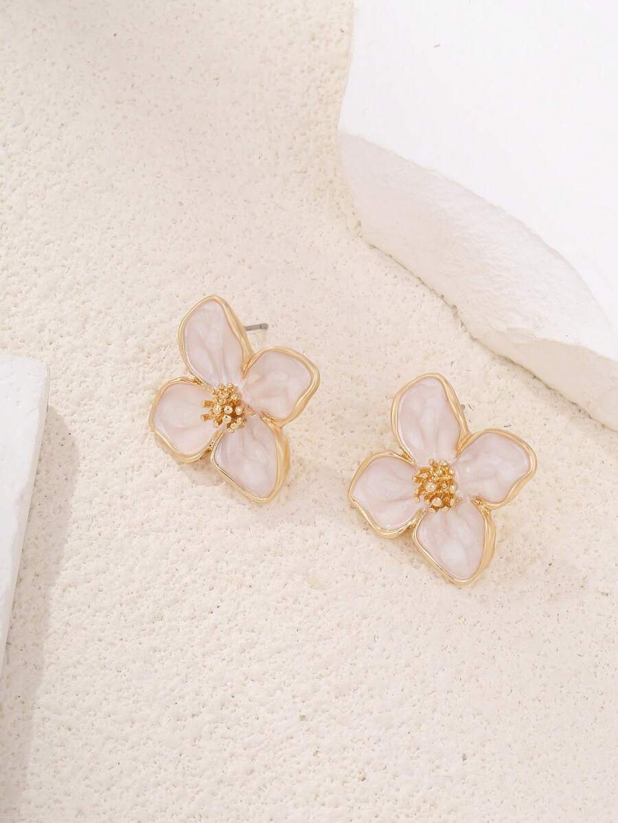 1 Cặp Hoa dâm bụt thời trang Pháp INS Phong cách Hồng Kông Retro Men hoa hồng, Phụ kiện hoa tai hoa nhỏ 3D - Hồng - Xem 1