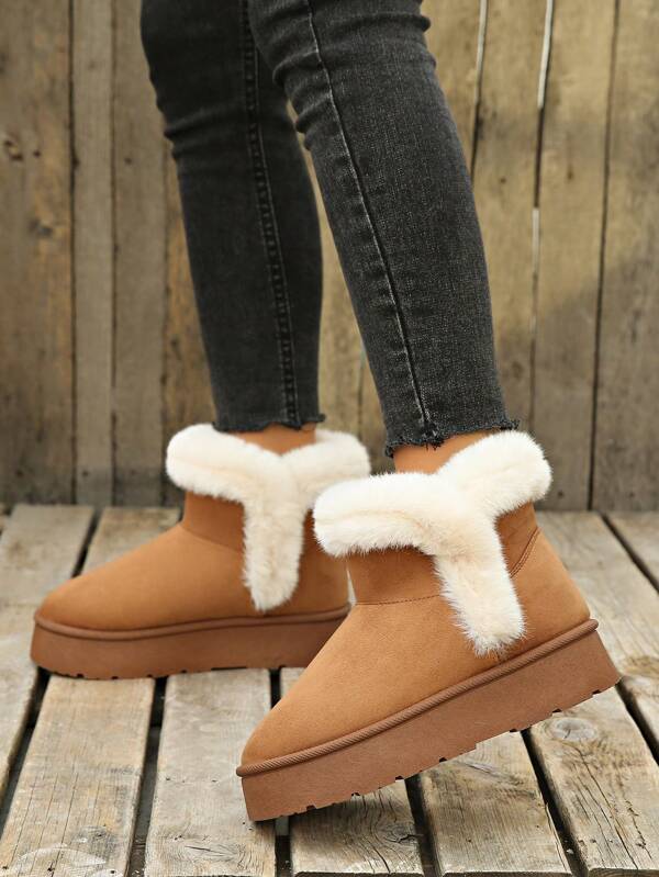 Moda feminina sola grossa slip-on botas de neve de inverno quentes com elástico