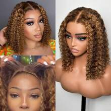 PAZAT Highlight Bob Wig Human Hair Pre Plucked Pre Cut, P4/27 Ombre Honey Blonde Curly Human Hair Wig For Women 13x4 Lace Closure Wig,180 Density