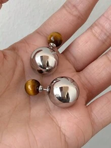 1 Pair Reversible Tiger Eye Stone Vintage Fashionable Casual Stud Earrings For Women, Suitable For Daily And Holiday Wear