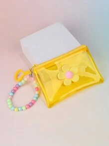 1pc Fashionable Transparent PVC Coin Purse With Floral Beaded Chain - Girl's Portable Key And Travel Wallet (Bead Color Random)