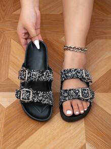 ROULVXIANG 新款黑色休闲拖鞋，女士度假居家厚底钻石一脚蹬凉鞋，时尚厚底女士沙滩泳池拖鞋