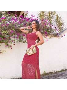 Women's Midi Summer Strap Dress With Side Slit Lace With Crochet Stitch Lined Knit Look - Màu xanh lam - Xem 5