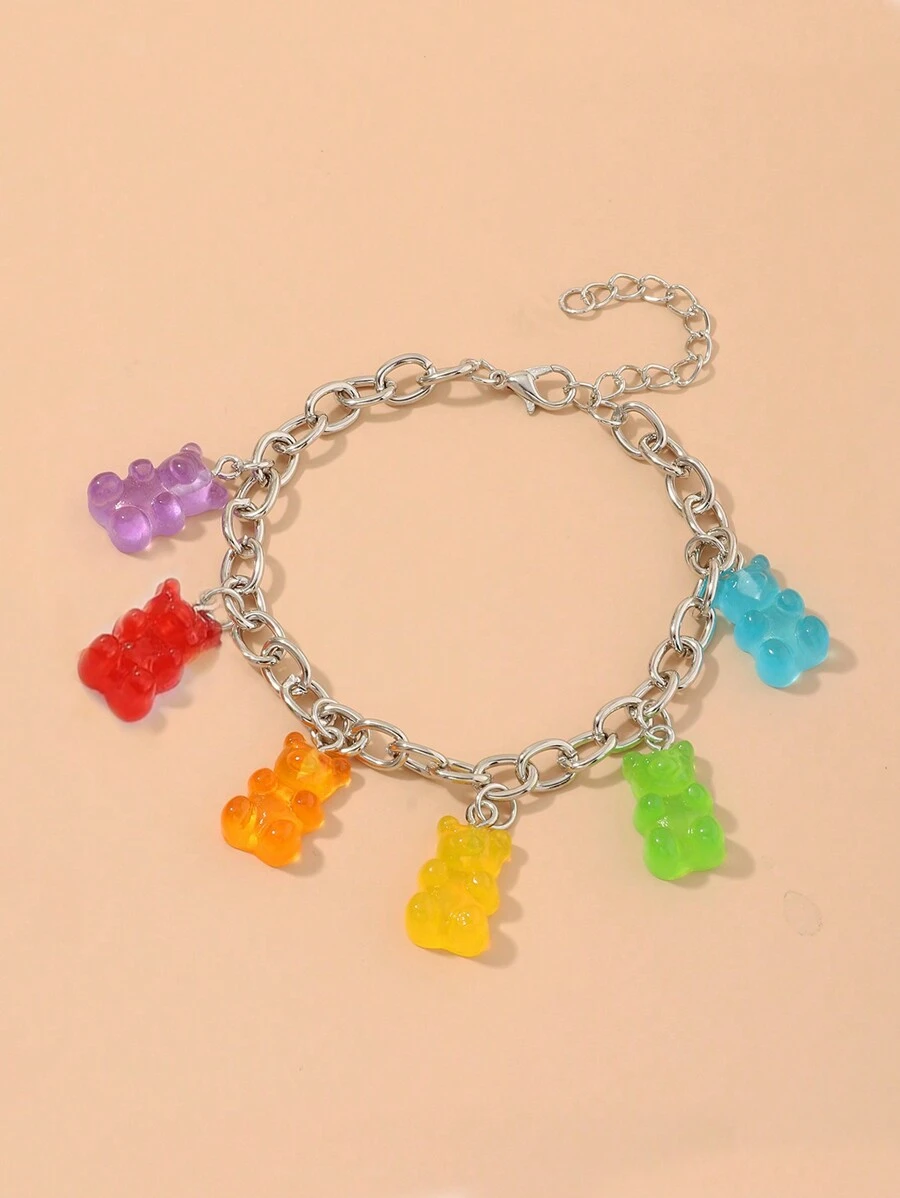 1pc Fashion Colorful Dopamine Bear Charm Bracelet, Random Color - Silver - View 1