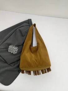 Túi Tote Tua Rua Giả Da Lộn Hàn Quốc, Thời Trang Mới 2024, Sức Chứa Lớn, Phong Cách Cổ Điển, Thường Ngày, Sang Trọng, Đeo Dưới Cánh Tay - màu nâu - Xem 11