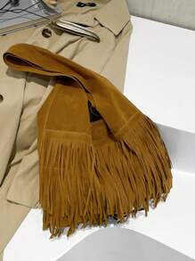 Túi Tote Tua Rua Giả Da Lộn Hàn Quốc, Thời Trang Mới 2024, Sức Chứa Lớn, Phong Cách Cổ Điển, Thường Ngày, Sang Trọng, Đeo Dưới Cánh Tay - màu nâu - Xem 6