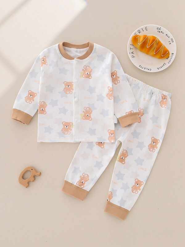 2pcs/Set Baby Boy Bear & Star Print Long Sleeve Top And Pants Set