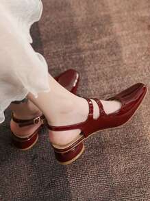 女士时尚百搭黑色多扣后跟玛丽珍高跟鞋，休闲厚底低跟平底鞋，简约纯色女士凉鞋，玛丽珍鞋 - 酒紅色 - 查看 4