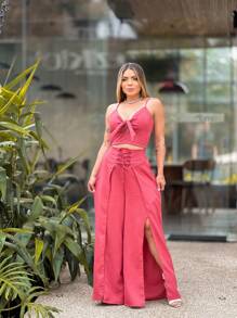 Women's Set Of Front Slit Palazzo Pants And Linen Tie-Up Crop Top - 珊瑚粉 - 查看 3