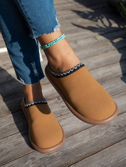 Damen Schneestiefel mit Spitze und Stickerei, flach, zum Hineinschlüpfen, Pantoletten, niedrige Hausschuhe für Herbst/Winter