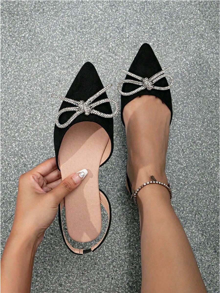 Women's Rhinestone Bow Decor Pointed Toe Ballet Flats, Charming Outdoor Satin Flat Shoes - Black - View 1
